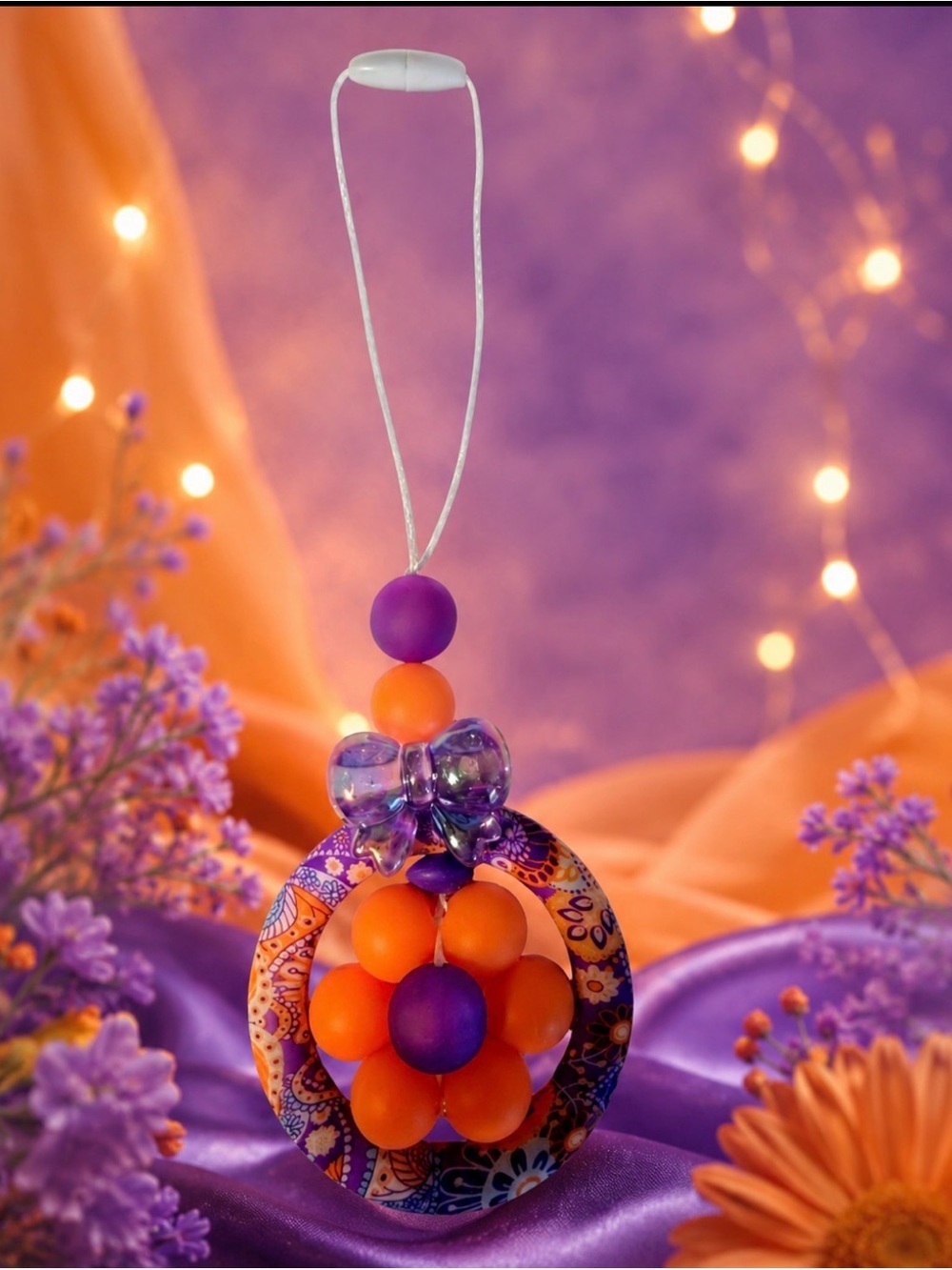 Handmade Beaded Purple & Orange Floral Silicone Hanging Car Charm